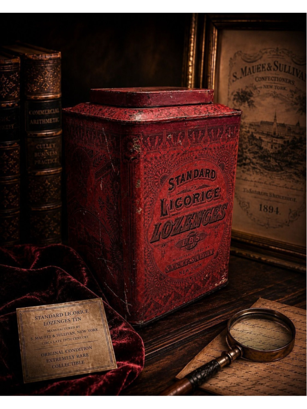 Antique Victorian Licorice Tin Red Lithograph Pantry Box | S.V. & F.P. Scudder N